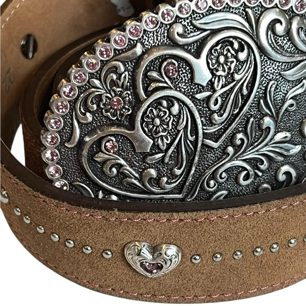 Tony Lama Little Girls Brown Leather Belt Silver Heart Buckle Rhinestones